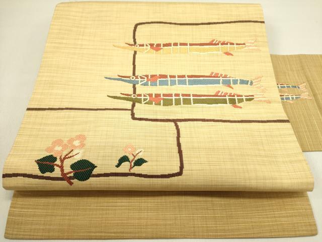 平和屋着物●九寸名古屋帯　紬地　魚　草花　正絹　逸品　DABD0719op