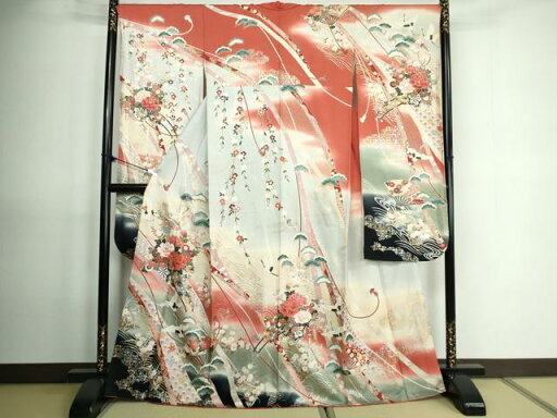 平和屋着物■豪華振袖 駒刺繍 花車文 暈し染め 金彩 正絹 逸品 DAAP9610ob 平和屋着物■豪華振袖 駒刺繍 花車文 暈し染め 金彩 正絹 逸品 DAAP9610ob