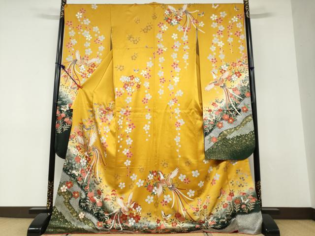 平和屋着物●豪華振袖　駒刺繍　鹿の子花鳥文　暈し染め　金彩　正絹　逸品　DABD9168ud
