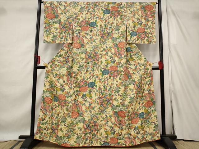 平和屋着物■上質な小紋 型染め 花車文 正絹 逸品 未使用 AABF1433st