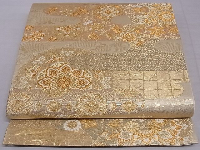 平和屋着物■六通柄袋帯 唐織 霞取花文 金糸 正絹 逸品 A-sx9254