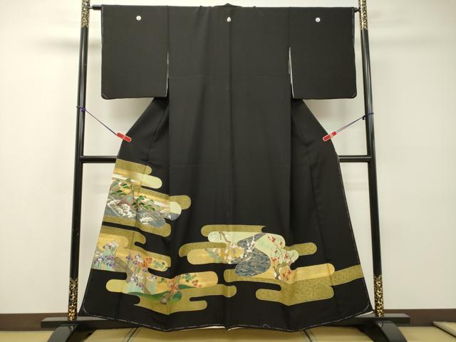 平和屋着物■豪華黒留袖 駒刺繍 霞取り風景花松文 金彩 正絹 逸品 DAAR4028tw