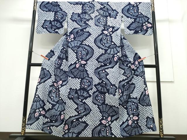 平和屋着物∴夏物　浴衣　有松鳴海絞り　流水扇舞蝶文　綿　逸品　CAAY4621ng