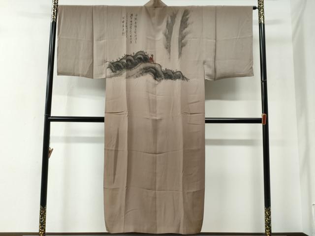 平和屋着物●男性　長襦袢　袷　作家物　手描き　人物風景文　暈し染め　金彩　正絹　逸品　CABE2266yc