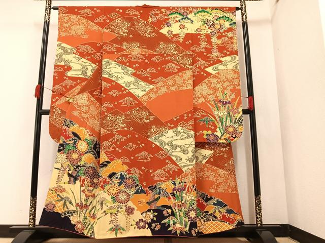 平和屋着物●豪華振袖　型染め　草花文　鈴乃屋扱い　正絹　逸品　AAAZ4928ph