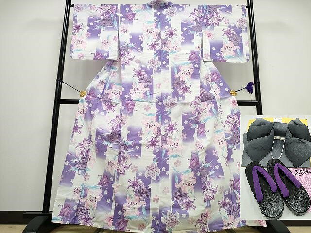 平和屋着物∴夏物　浴衣・つけ帯・下駄セット 　綿紅梅　百合　ラメ系　逸品　未使用　CAAW0961ng