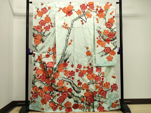 平和屋着物●豪華振袖　手描き　枝梅文　金彩　正絹　逸品　CAAR0830gh