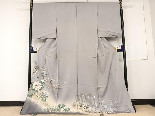平和屋着物●十日町友禅　関芳　泰常　色留袖　駒刺繍　草花に雀　金彩　仮絵羽　正絹　逸品　未使用　AAAQ0693npのサムネイル