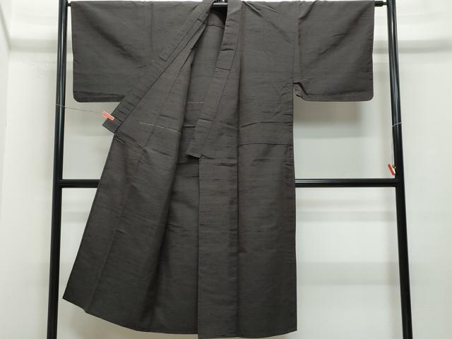 平和屋着物▽男性　紬　単衣　アンサンブル　色無地　鉄黒色　正絹　逸品　CAAQ0051vf