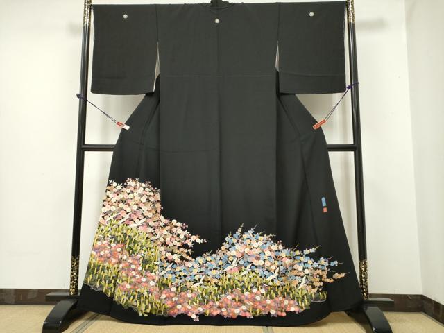 平和屋着物●本加賀友禅作家 笠瀬治夫 黒留袖 薫風 飛鶴草花文 正絹 逸品 DAAP7828yyy