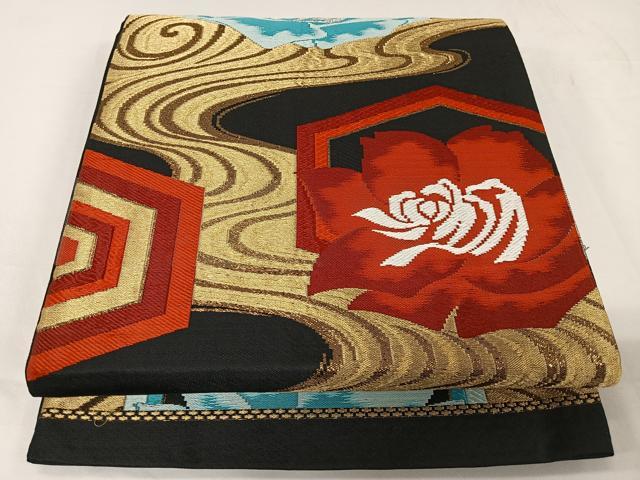 平和屋着物◎六通柄京袋帯 唐織 流水花文 黒地 金糸 正絹 逸品 CAAW2013ua