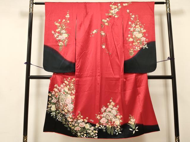 平和屋着物[]七五三　女の子　7歳　祝着　四つ身　御所車地紙花文　暈し染め　金銀彩　逸品　DABA3671ma