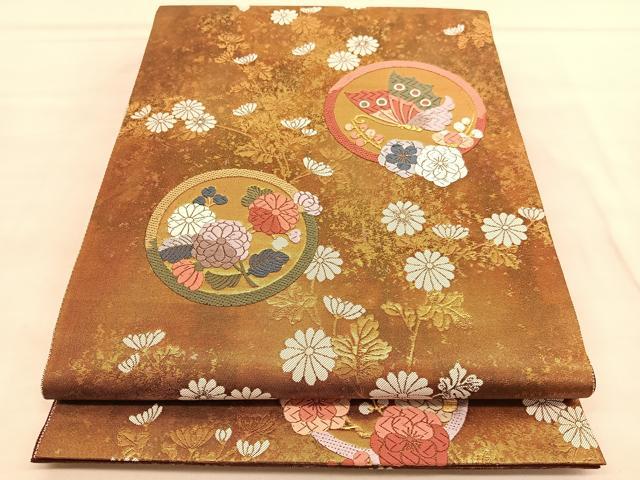 平和屋着物◎六通柄袋帯　唐織　花蝶丸文　金糸　正絹　逸品　BAAU5220hv