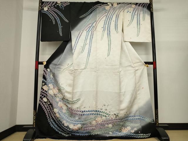 平和屋着物●訪問着　作家物　辻が花　絞り　舞花文　暈し染め　銀通し地　ロング丈　正絹　逸品　AAAZ4830ck(4)