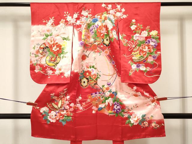 平和屋着物[]七五三　女の子　3歳　祝着　三つ身　鴛鴦　舞蝶花車文　暈し染め　金彩　DABA3690ma