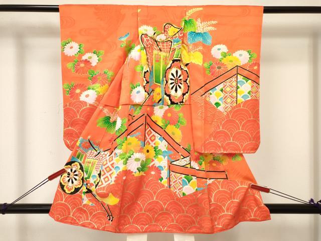Kimono （For Girls） - 平和屋着物[]七五三　女の子　3歳　祝着　三つ身　駒刺繍　御所車花文　金彩　逸品　DABA3692ma