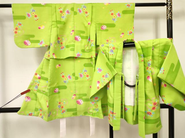 Kimono （For Girls） - 平和屋着物[]七五三　女の子　3歳　祝着　三つ身　羽織セット　鈴　エ霞吉祥花文　洗える着物　DABA3702ma