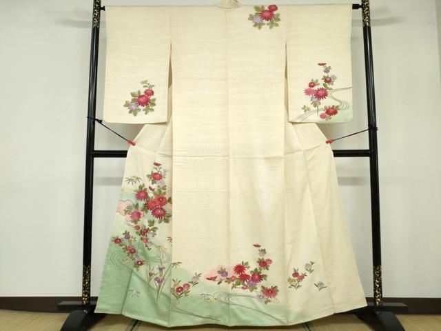 平和屋着物■訪問着　刺繍　流水草花文　暈し染め　金銀糸　正絹　逸品　DABB5271qa