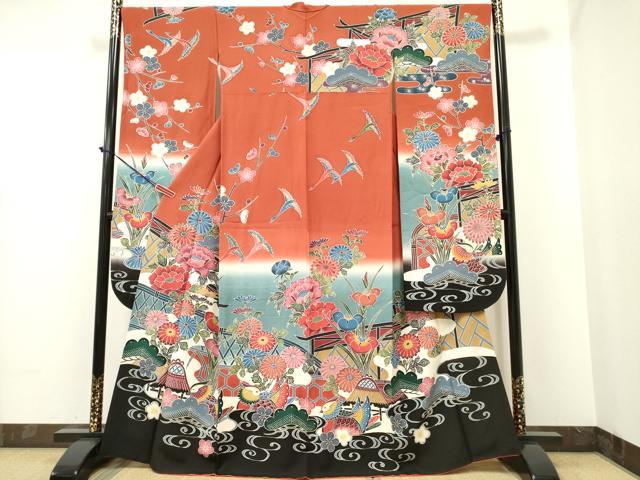 平和屋着物○豪華振袖 型染め 花鳥文 暈し染め 正絹 逸品 AABB5155ph