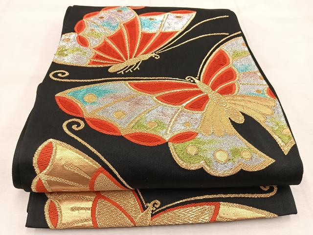 平和屋着物◎六通柄袋帯　舞蝶文　黒地　金銀糸　正絹　逸品　BAAU6035yc