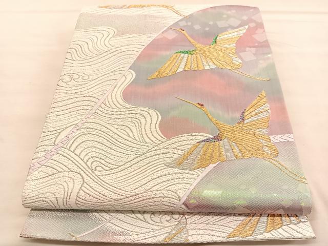 平和屋着物◎六通柄袋帯　唐織　立波飛鶴文　金銀糸　正絹　逸品　BAAU4952hv