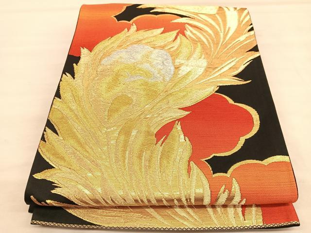 平和屋着物◎六通柄袋帯　雲取り孔雀羽根文　黒地　金銀糸　正絹　逸品　BAAU4990hv