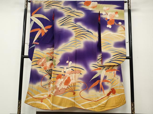 振袖 襦袢付き アンティーク着物 昔 袷 正絹 広衿 オレンジ 白 金 緑 黄緑 金刺繍 飛鶴文様 松 レトロ 明治・大正ロマン 経年品 身丈164.5cm 難あり 【キモノオフ野々市若松店】 ki5901AB-1_grande.jpg?v=1735788408