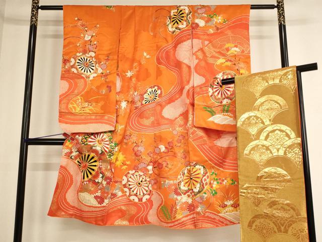 平和屋着物[]七五三　女の子　7歳　祝着・袋帯セット　駒刺繍　源氏車文　金彩　逸品　AABE2369ja