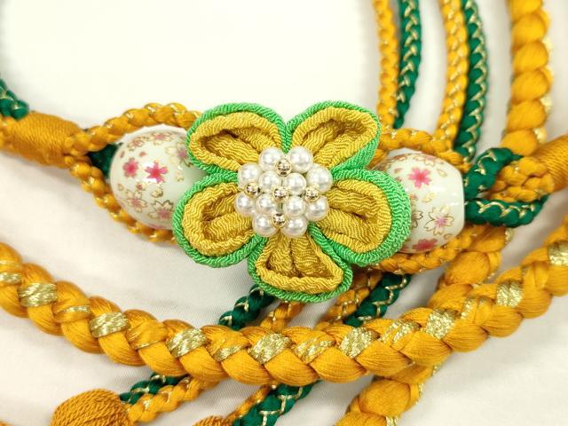 平和屋着物●和装小物　振袖用帯締め　飾り玉　つまみ細工　パール　花　金茶色　金糸　撚り房　逸品　未使用　CAAW4138ju