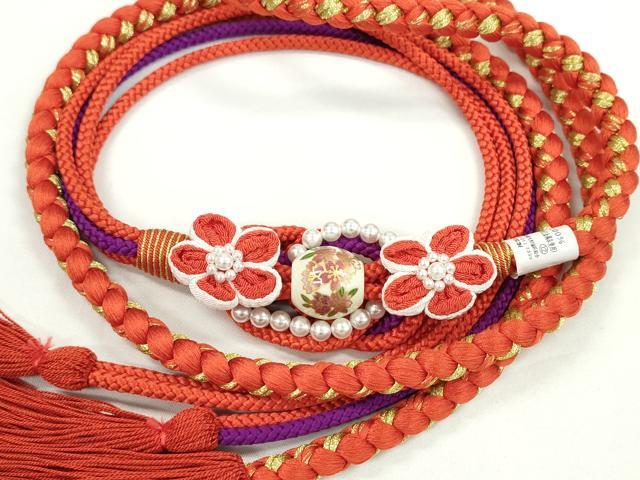 Other - 平和屋着物●和装小物　振袖用帯締め　つまみ細工　飾り玉　花　パール　朱色　金糸　撚り房　逸品　未使用　CAAW4141ju