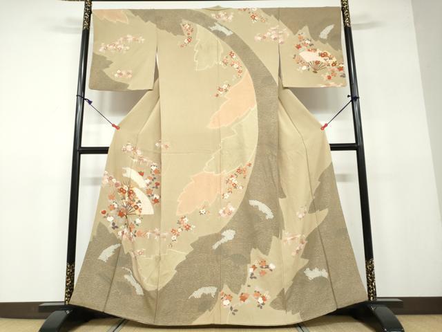 Full-Length Under-Kimono - 平和屋着物●訪問着　駒刺繍　檜扇草花文　金彩　正絹　逸品　DAAV4845ud