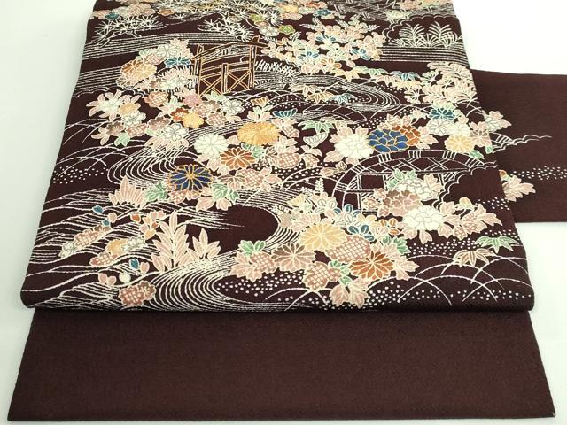 平和屋本店■極上　九寸名古屋帯　駒刺繍　御所解時　黒檀色地　鬼しぼ縮緬　逸品　DZAA8954kh5のサムネイル