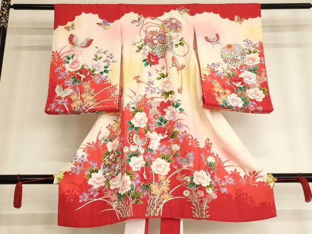 平和屋着物[]お宮参り 女の子 祝着 産着 初着 のしめ 花蝶手毬文 暈し染め 金銀彩 逸品 AAAW7034ja