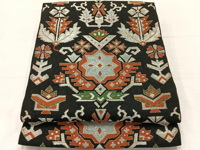平和屋着物◎六通柄 本袋帯 都錦 コプト花文 黒地 金銀糸 正絹 逸品 AABF2585uk