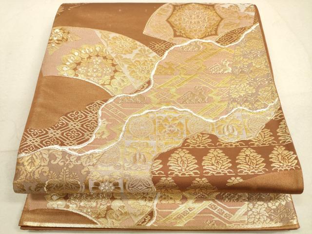 袋帯 染め帯 全通柄 名物裂 花兎 草花 流水 黄ベージュ 新古品 kp1694 袋帯 染め帯 全通柄 名物裂 花兎 草花 流水 黄ベージュ 新古品 kp1694