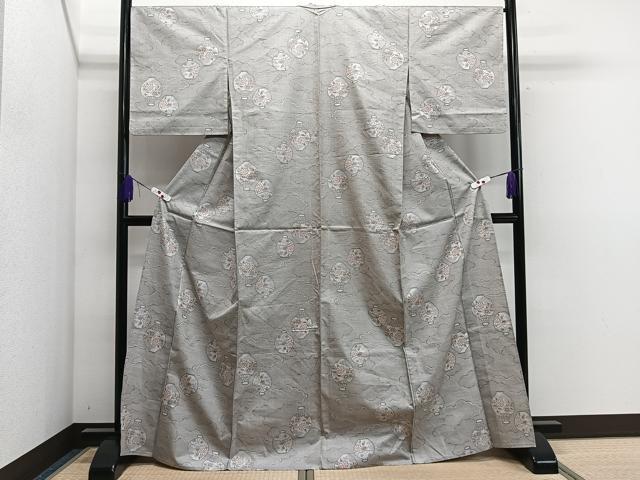 平和屋着物▽上質な紬　単衣　陶器草花文　正絹　逸品　CAAS2457xi