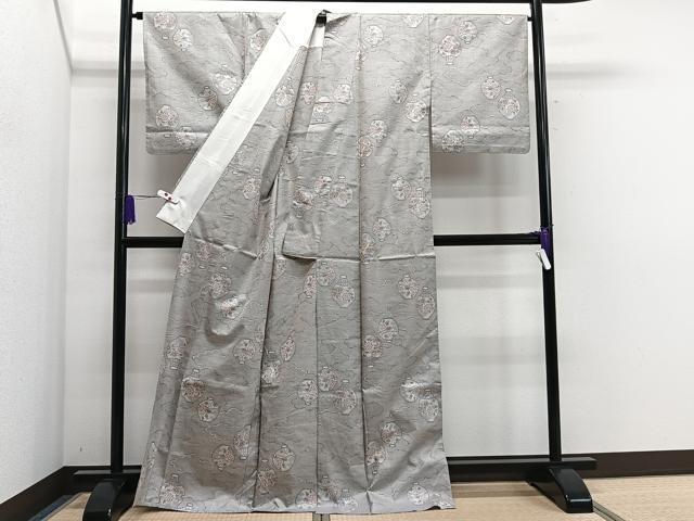 平和屋着物▽上質な紬　単衣　陶器草花文　正絹　逸品　CAAS2457xi