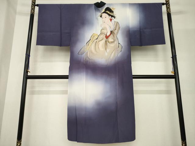 平和屋着物●男性　長襦袢　袷　手描き　女人文　暈し染め　正絹　逸品　AABF9608ck