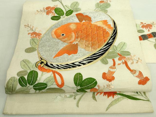 Yukata Obi - 平和屋本店■極上　夏物　アンティーク　大正ロマン　九寸名古屋帯　総手刺繍　鯉　逸品　DZAA8556kh5