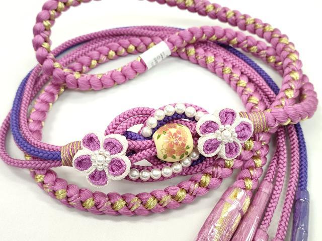 平和屋着物●和装小物　振袖用帯締め　飾り玉　つまみ細工　パール　花　若紫色　金糸　切り房　逸品　未使用　CAAW4104ju(4)