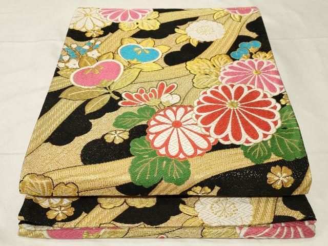 平和屋着物▼六通柄袋帯　唐織　橘　舞花文　黒地　金糸　正絹　逸品　CABA2001dy