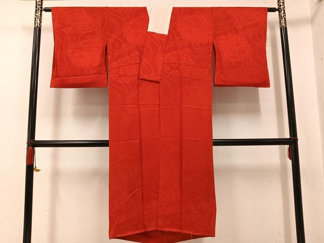 Kimono - 平和屋着物●アンティーク　大正ロマン　長襦袢　袷　扇面花地紋　色無地　緋色　正絹　逸品　AABH9665ph