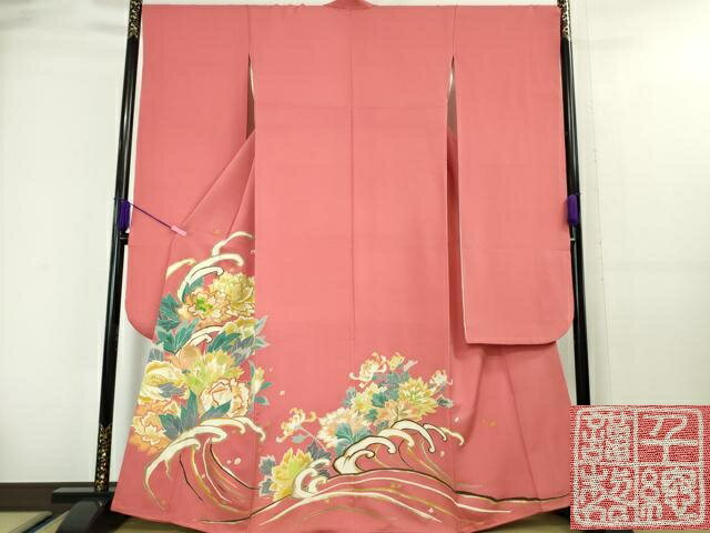 平和屋本店●極上　創業460年・千總　振袖　刺繍　立波花文　韓紅色地　金糸　松坂屋染織名作展　逸品　DZAA4062kh6