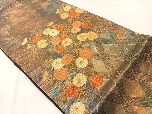 平和屋着物◎太鼓柄袋帯　草花文　金糸　引箔　正絹　逸品　AABF2611uk 2