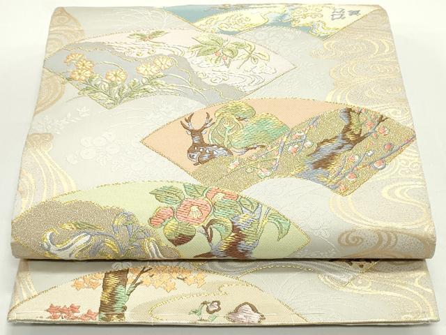 平和屋着物●六通柄袋帯　唐織　流水地紙重ね草花文　金糸　正絹　逸品　DAAV9334ob