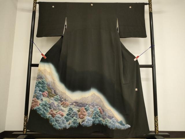 平和屋着物■豪華黒留袖 作家物 手描き 風景文 暈し染め 正絹 逸品 AAAY2824ja