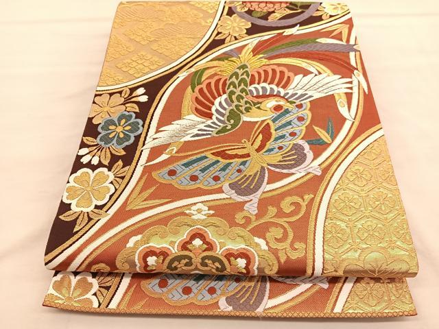平和屋着物◎六通柄袋帯　唐織　鳳凰花蝶文　金糸　正絹　逸品　BAAU5208hv