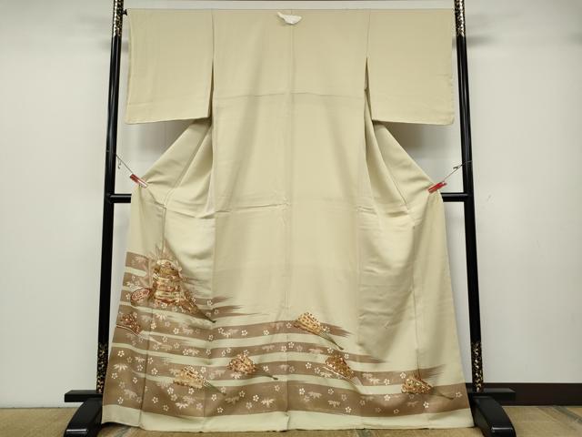 平和屋着物●豪華色留袖　駒刺繍　貝桶檜扇花文　金彩　正絹　逸品　未使用　CABB6361ut