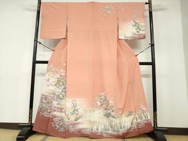 平和屋着物●訪問着　流水地紙重ね飛鶴草花文　暈し染め　金彩　正絹　逸品　DABB0375ud(4.0)