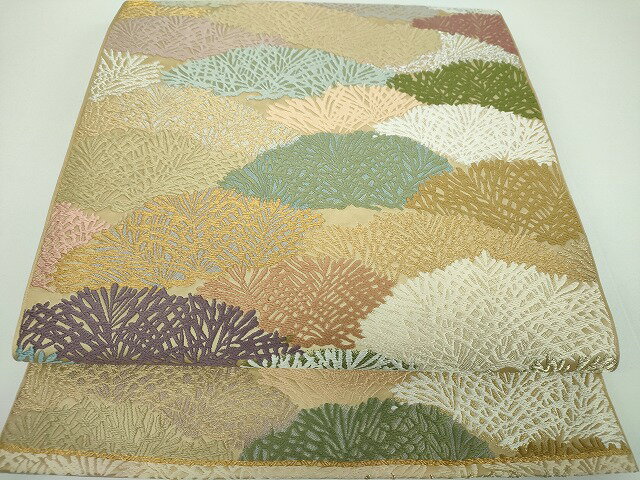 平和屋着物●西陣 全通柄 本袋帯 唐織 手機織 千松紅彩文様 金糸 正絹 逸品 DABB4209ps